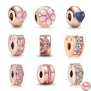 925 Silver rosé guld färg Rosa blå Hjärta Solitaire clip diy Charm Fit Pandora Charms Armband DIY Dam Original Beads Smycken