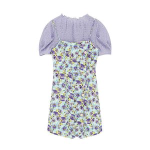 Kvinnor Violett O-Hals Top Mini Straped Dress Two Pieces Set Summer Floral Print Green T0430 210514