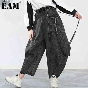 [EAM] Wysoka elastyczna talia kieszeń Podziel Długi Denim Szerokie Spodnie Nogi Luźne Fit Spodnie Kobiet Moda Wiosna Jesień 1d1 21512