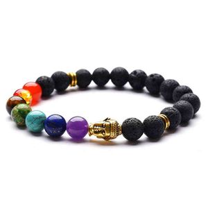 Ny trendig etnisk svart lava sten yoga armband elastisk 7 chakra sten buddha armband