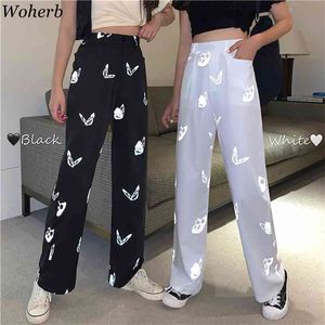 Harajuku Streetwear Women Wide Leg Butterfly Reflective Pants Female Trousers Casual Capris Elasitc Wiast 210519