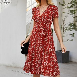 Women Casual Floral Flower Sundress Summer Fashion Lady Red Short Sleeve Lacing-Up Fitted V neck Midi Dress Beach Party Vestidos 210415