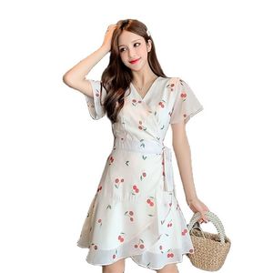 Moda Kobiety Mini Dress Summer Cherry Print Spódnica Krótki Rękaw Szyfonowy dla 210520
