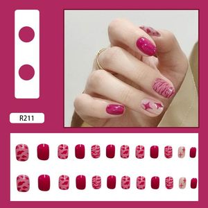 False Nails Set DIY Star Leopard Printed Design Plum Red Glue Type Removable Short Manicure Accessories Nail Art Tools