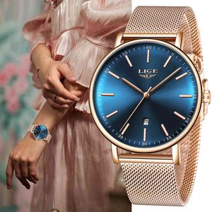 Ligeファッション女性は贅沢なステンレススチールブレスレットレディースの腕時計の腕時計のローズゴールドクォーツ時計レーズレオリオフェミニーノ210517