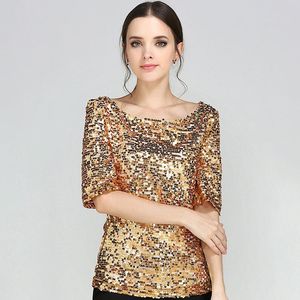 Women's T-Shirt Women Plus Size Half Slveeve Slash Neck Sequins Mesh Sexy Slim Shirt Silver Gold Black Casual High Quality Tops