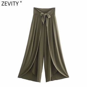 Women Vintage Solid Color Front Bow Tied Hem Irregular Wide Leg Pants Retro Femme Chic Ankle Length Sarong Trousers P1013 210420
