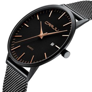 CRRJU Mens Slim Watches Luxury Ultra Thin Quartz Watch Men Casual Mesh Steel Waterproof Sport Watch Black Relogio Masculino 210517