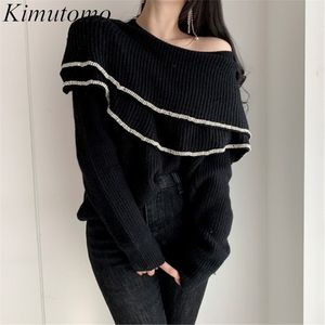 Kimutomo kvinnor varm tröja våren höst koreanska mode kvinnliga o-nacke ruffles solida pullovers outwear elegant 210521