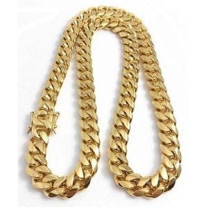 Rostfritt stål smycken 18k guldpläterad högpolerad Miami kubansk länk Halsband Män Punk 15mm Curb Chain Double Safety Clasp 18Inch-30INCH H1027