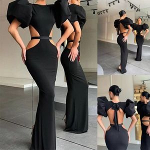 Siyah Seksi Mermaid Abiye Şair Kısa Kollu Backless Balo Abiye Hollow Kırmızı Halı Moda Parti Elbise