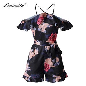 Floral Romper Imprimir Multicolor férias Bohemian Beach Playsuit Mulheres Verão Off Off Halter Sem Mangas Boho Bumpsuit 210527