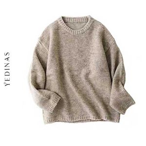 Yedians Solidne sweter Sweter Dzianiny Kobiety Zima Z Długim Rękawem O Neck Cashmere Ciepłe Luźne Jumper Ladies 210527