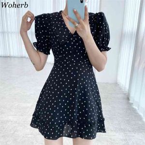 Lato Szata Elegancka Polka Dot Mini Dress Kobiety Wysoka Talia V Neck Slim Vestidos Vintage Temperament Rękaw Sukienki 210519