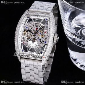 TWF V2 Vanguard V 45 A21j Automatic Mens Watch Round Cut Diamonds Bezel Skeleton Dial Stainless Steel Bracelet Super Edition Watches Puretime F07c3