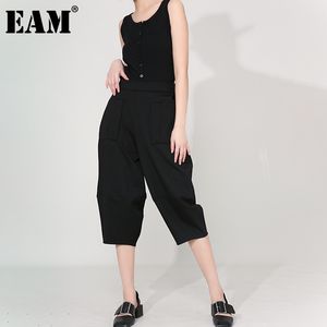 [EAM] Czarna Wysoka Elastyczna Talia Krótki Rozrywka Harem Spodnie Luźne Fit Spodnie Kobiet Moda Wiosna Jesień 1DD517301 210512