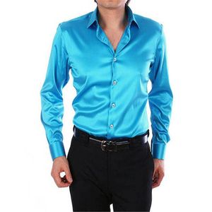 Fashion Shiny Silky Satin Dress Shirt Luxury Silk Like Long Sleeve Mens Casual Shirts Performance Stage Wear Men's