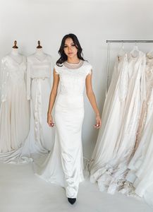 Simple Soft Satin Mermaid Modest Wedding Dress With Cap Sleeves Corset Back Beaded Informal LDS Reception Gowns For Brides