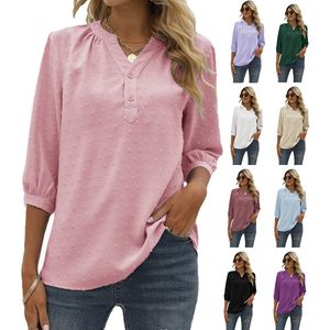 Realfine Summer T Shirts 2005 여성용면 쉬폰 셔츠 중간 소매 크기 S-XL