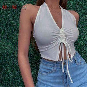 Sexy V-Neck Sleeveless Tank Top Women Summer Butterfly Crop Tops Ruched Drawstring White Skinny Elastic Y2K Clothes Streetwear 210517