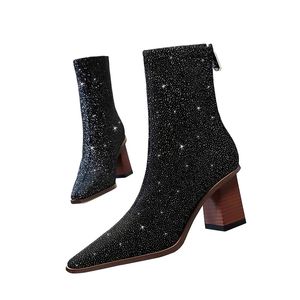 Black 7CM Wood grain heel Socks Boots Women Cloth Fabric Thick Heel Square Toe Ankle Boots Shoes Woman Boats