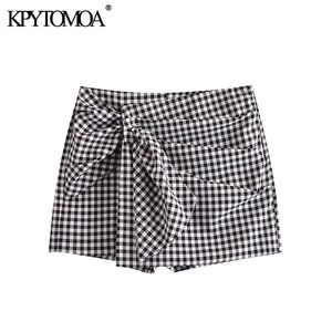 Mulheres chique moda com nó plissado xadrez shorts saias de cintura alta lado Zipper Feminino Skort mujer 210420