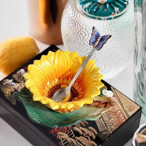 Sunflower Enamel Keramik Kaffekopp Heminredning Porslin Butterfly Sked