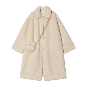 [Gratis väska] Casual plush jacket damer ren färg lös mid-längd dubbelbröst snitt kvinna 211220