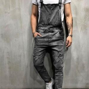 Ripped Jeans Jumpsuits 2020 Fashion Men's Hi Street Distressed Denim Bib Overaller för Man Suspender Byxor Streetwear Size S-XXXL X0621