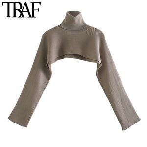 Women Fashion Arm Warmers Cropped Knitted Sweater Vintage High Neck Long Sleeve Female Pullovers Chic Tops 210507