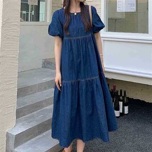 Vintage chic denim a-line cowboy mjuka tjejer sommar högkvalitativ fest lös söta långa klänningar vestidos 210525