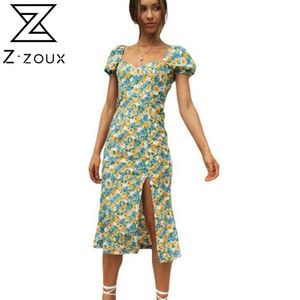 Kvinnor Klänning Puff Sleeve Split Square Collar Print Sundress Plus Storlek Vintage Sexig Flower Girl Dresses Fashion 210513