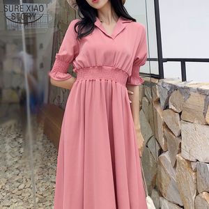 Letnia Sukienka Koreańskie Kobiety Solid V-Neck Wysoka talia Biały Dla Casual Temperament Cienkie Długie ES Vestidos 14139 210508