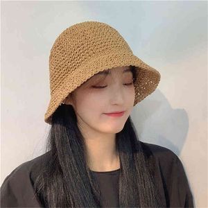 Women Summer Fisherman Hat Straw Beach Hand-woven Bucket Cap Casual Holiday Sunscreen Hats for Vacation Sun Protection G220311