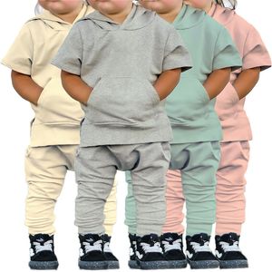 Sommar Kids Hoodie Kläder Satser Casual Pocket Kortärmad Hooded Top + Byxor 2st / Set Outfits Boutique Barn pojke och tjejer Solid kostymer M4060