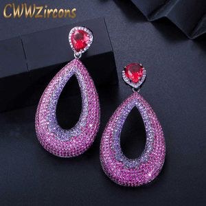 Chic Pink Purple Cubic Zirconia Stone Paved Luxury Big Long Drop Party Wedding Costume Earrings for Women CZ459 210714