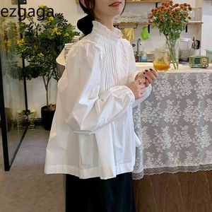 Ezgaga Süße Bluse Frauen Stehkragen Puffärmel Frühling Koreanische Mode Chic Solide Lose Knopf Damen Weiße Hemden Casual 210430