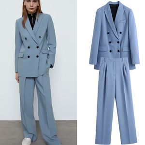 ZA 2021 Mulheres Blazer Dois PC Sets Femme Primavera Verão Manga Longa Dupla Breasted Moda Escritório Casaco Casaco + Calças Sólidas X0428