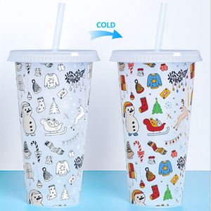 24oz Creativity Love Color Changing Mugs Water Cup Single Layer Plastic Straw Cups christmas gift