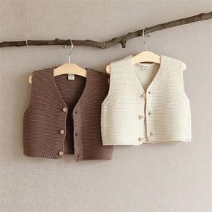 Outono nova menina colete único peito knitwear v garotos meninos sem mangas camisola bebê bebê knit cardigan 210413