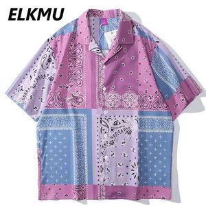 Elkmu Streetwear Bandana Paisley Camisas Verão Blusa De Manga Curta Patchwork Color Block Praia Camisa Harajuku Tops Masculino HE675 210809