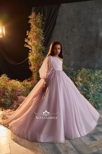 Soft Tulle Lavender 2022 Flower Girl Dresses Long Sleeve Princess One Shoulder Little Girl Pageant Dress Birthday Gowns