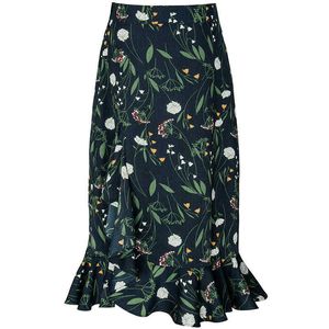 PERHAPS U Trumpet Mermaid Green Ruffle Floral Print Flower Midi Skirt High Street Empire Vintage Retro S0045 210529