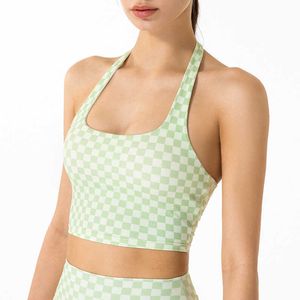 Plaid Women's Yoga Tank Camis Clothes Neck Hanging Sports Underwear Gathering Beautiful Back Fitness Bra Gilet da corsa