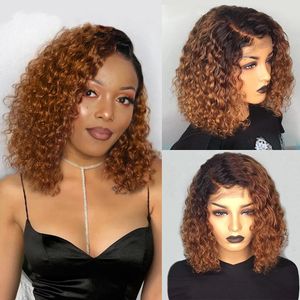 Kinky Curly Short Bob Full Peruk Ombre Brun Peruanskt människohår Syntetiskt spets Front Peruk För Svarta Kvinnor 150 % Densitet