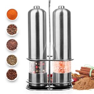 Electric Pepper Mill Stainless Steel Salt and Grinder Set Metal Stand for Cooking Dining Tableware Kitchen Tools 210712