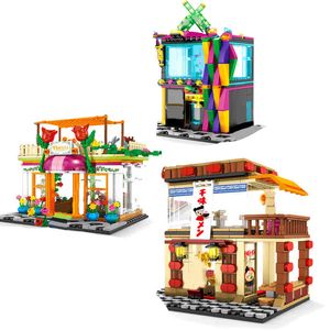 SEMBO City Street View Building Blocks Flower Ramen KTV House Food Shop Retail Store Restaurant Bricks Kids Toy X0503