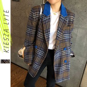 Kadın Blazers Mavi Ekose Mont Bahar Vintage Patchwork Tweed Kadife Damalı Vahşi Bayan Dış Giyim Tops 210608