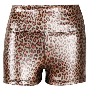 Lady's Thin Leopard Shorts glänsande kvinnor guld mitt midja elastisk spandex mode sexig klubb kvinnor