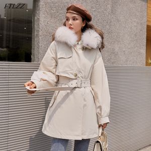 Vinter Kvinnor 90% Vit Duck Down Long Jacket Big Real Fur Collar Hooded Windbreaker Outwear Tjock varm kappa 210423